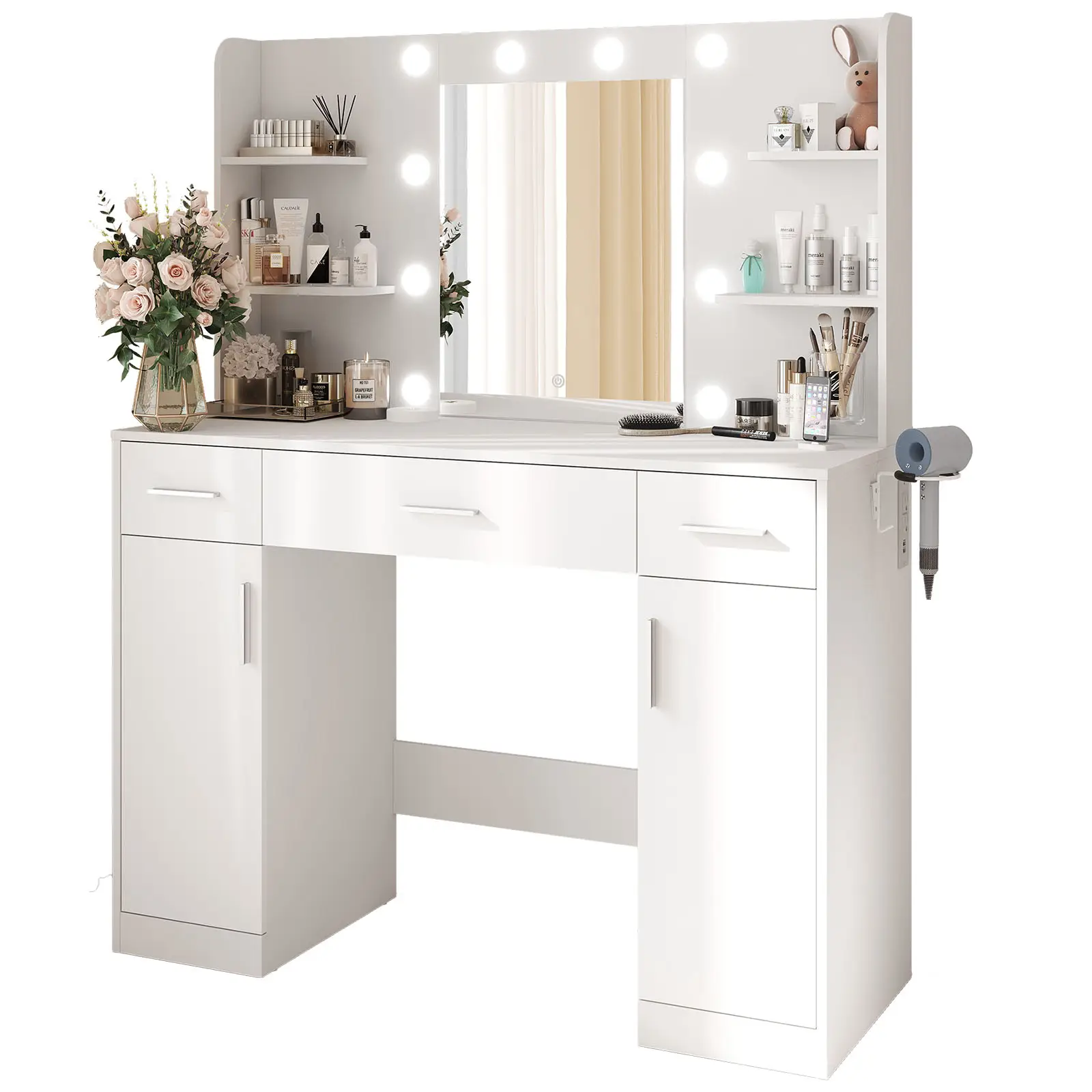 Vanity Desk with Adjustable Lighten Mirror & Power Outlet, Makeup Desk for Bedroom with a Storage Stool and 3 Drawers, 4 Storage Shelves, White Dresse