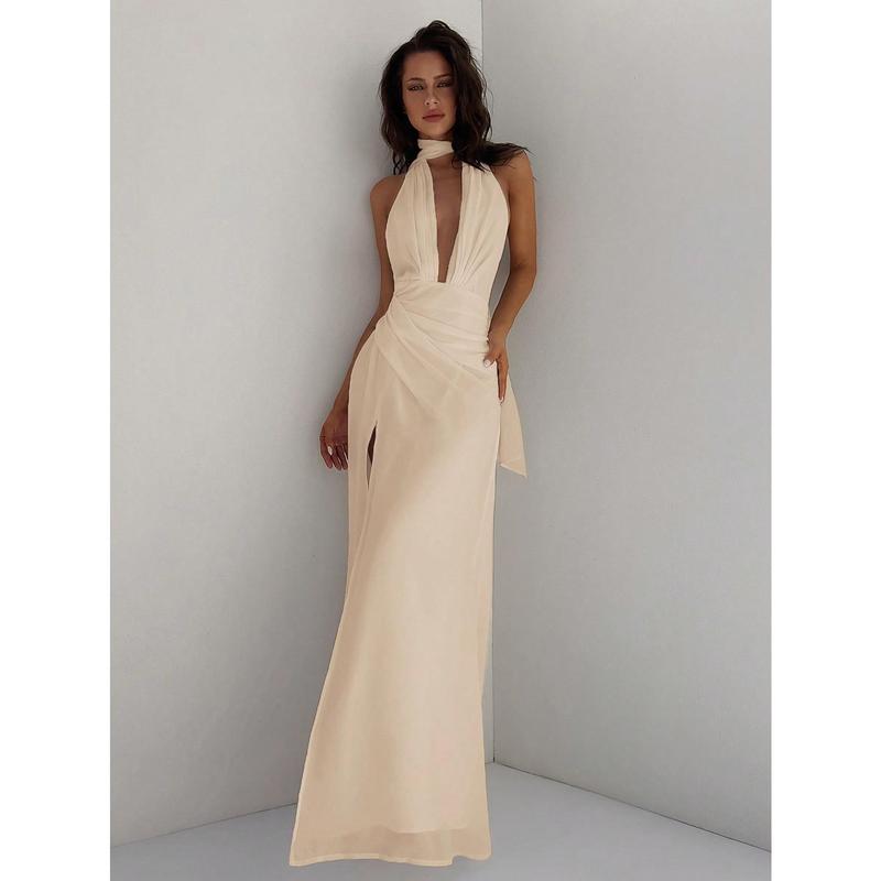 SHEIN x Lore Improta Aloruh Women's Deep V Neck Backless  Flowy Chiffon Dress For Wedding Party, Spring Summer