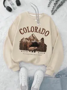 Women's Colorado Letter Animal Drop Shoulder Sweatshirt, Casual Long Sleeve Round Neck Pullover for Fall & Winter, Women's Clothes for Daily Wear