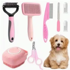 8pcs Pet Grooming Kit, Grooming Tools, Includes Nail Clippers & File, Flea Comb, Shampoo Brush, Deshedding Brush, Silicone Toothbrush