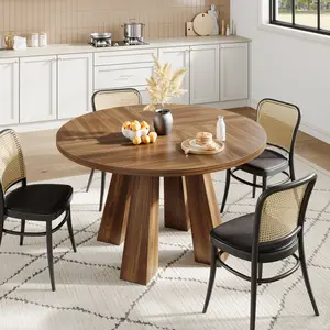 Modern Farmhouse Round Dining Table, Walnut Wood Circle Table Seats 4-6 with Sturdy 4-Leg Base, Space-Saving Apartment Friendly Table for Kitchen Dining Room