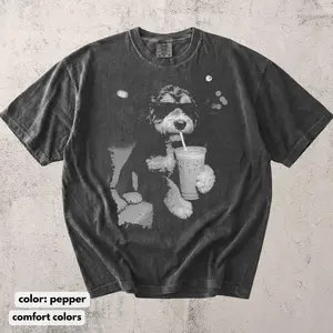 Funny Black White Bernedoodle Drinking Iced Coffee Comfort Colors T-shirt, Vintage 90s Edgy Dog Meme Tee, Unisex Fit Design, Casual Streetwear, Gift for Dog Lovers