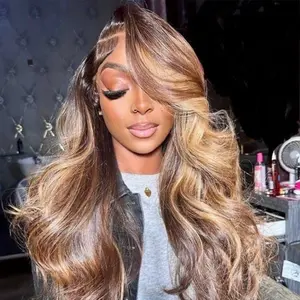 HD Transparent Brown Blonde Highlights Body Wave Human Hair Wigs 13x6 Lace Front Pre Plucked Ash 27 Stripe Hair Wig 180 Density Brazilian Hair Wig Natural Hairline Wig