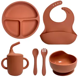6pcs Silicone Baby Feeding Set with Divided Suction Plate Sippy Cup Adjustable Bib Spoons Forks BLW Utensils Bowl Non-Toxic Safe for Toddlers