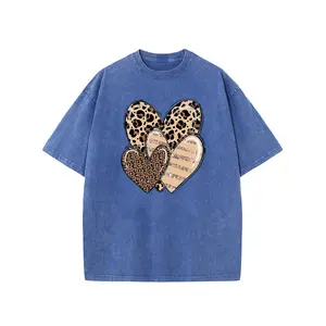 Body&Sea Women's Vintage Acid Wash Oversized T-Shirt, Leopard Print Hearts Graphic Tee, Retro Washed Loose Fit Short Sleeve Top, Y2K Streetwear Casual Valentine's Day Gift