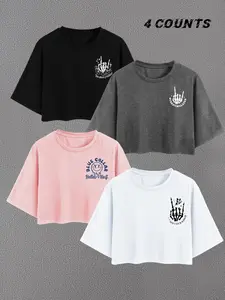 Women's Letter & Skeleton Hand Print Round Neck Tee, Casual Short Sleeve T-shirt for Summer, Ladies Clothes for Daily Wear, Summer Top