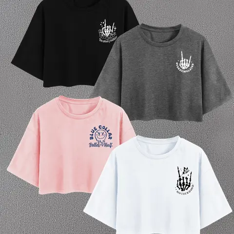 Women's Letter & Skeleton Hand Print Round Neck Tee, Casual Short Sleeve T-shirt for Summer, Ladies Clothes for Daily Wear, Summer Top, Casual T Shirts