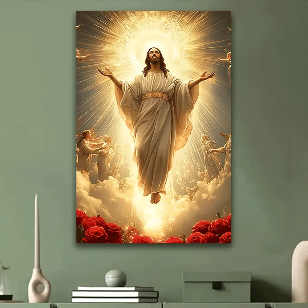 1pc   Frame Divine Light   Lightweight Artistic Minimalist Canvas   Print - Wall   with Jesus Christ, Cherubs, Heavenly Red Roses, Ideal for Living Room, Bedroom