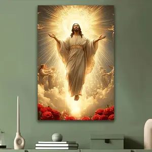 1pc Divine Light Canvas Art Print - Un Wall Decor with Jesus Christ & Cherubs, Heavenly Scene with Red Roses, Perfect for Living Room, Bedroom, Office, or Restaurant Decoration, Inspirational Wall Decor