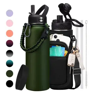 40OZ Vacuum Flask Water Bottle Cold-48h Hot-24, Leak Proof - Big Water Jug with Straw & Spout Lid, Paracord Handle, Carrier Bag, 32/40/64/128oz Stainless Steel Insulated Water Bottle