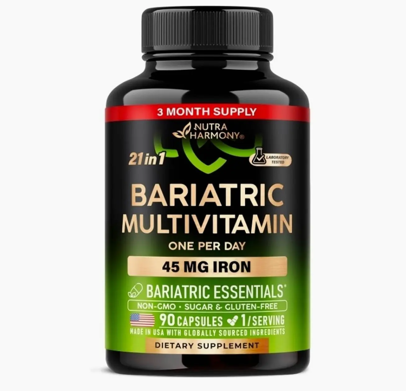 Bariatric Multivitamin - 45 mg Iron Supplements - Made in USA - for Women & Men - All-in-One, 21 Essential Vitamins - Gastric Sleeve Support - Free of Sugar, Gluten & Soy - 90 Capsules, Once Daily