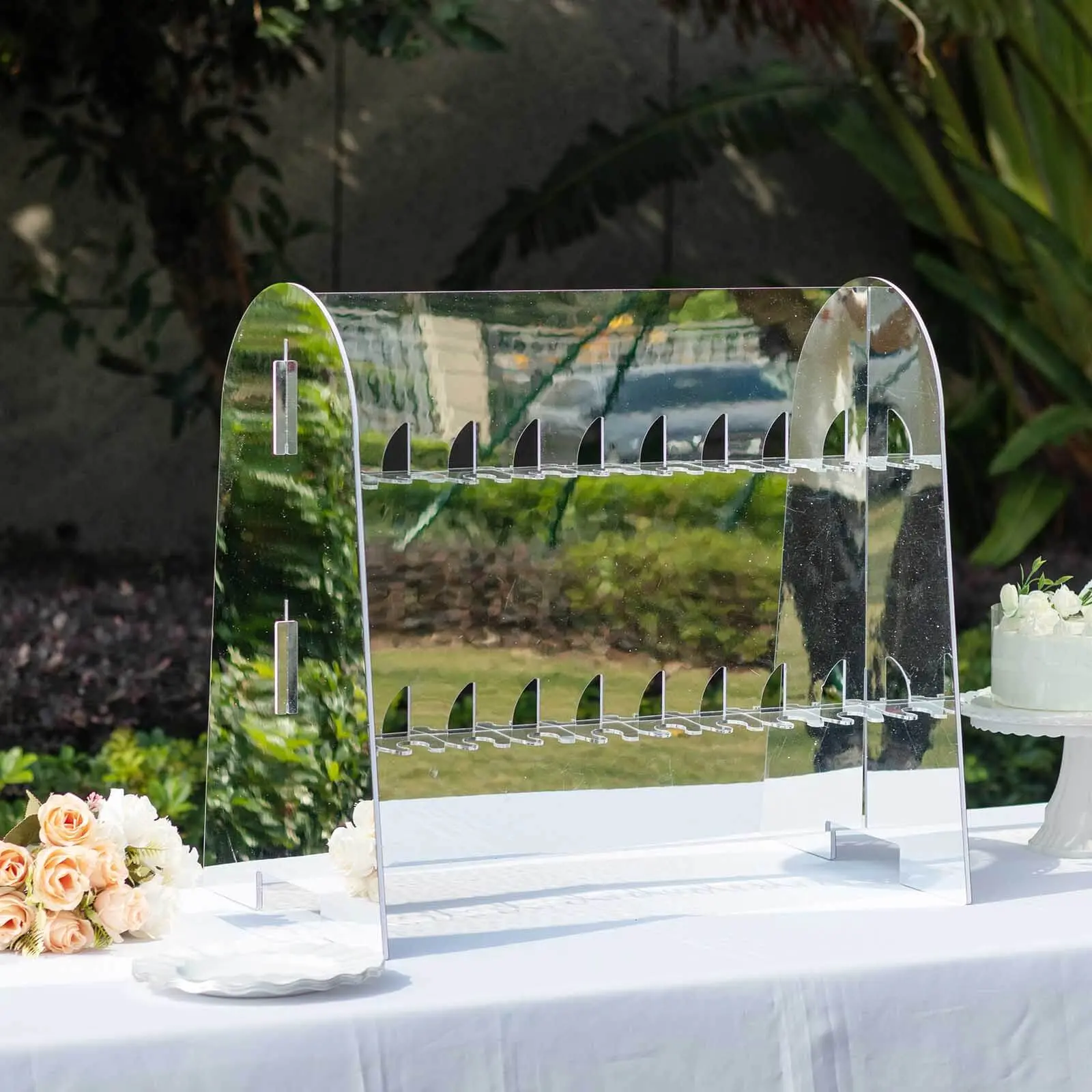 Silver Mirror Finish 2-Tier Tabletop Champagne Glass Holder Display Stand - Modern Stemware Rack with 18 Hooks for Weddings, Birthday Parties, Baby Showers, 25" Kitchenware Bar & Wine Utensil Storage