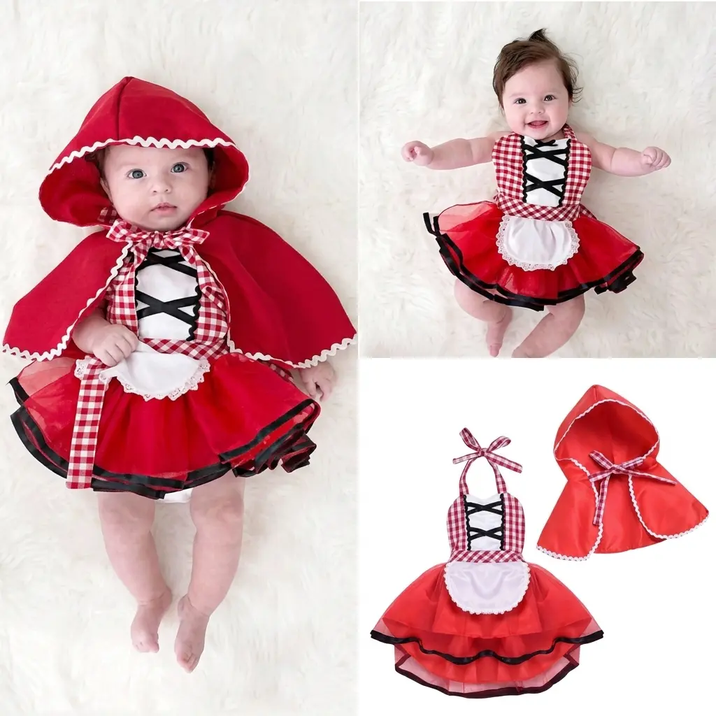 Baby Girl Little Red Riding Hood Costume Halter Plaid Dress with Red Cloak 2Pcs Set Toddler Halloween Party Cosplay Outfits