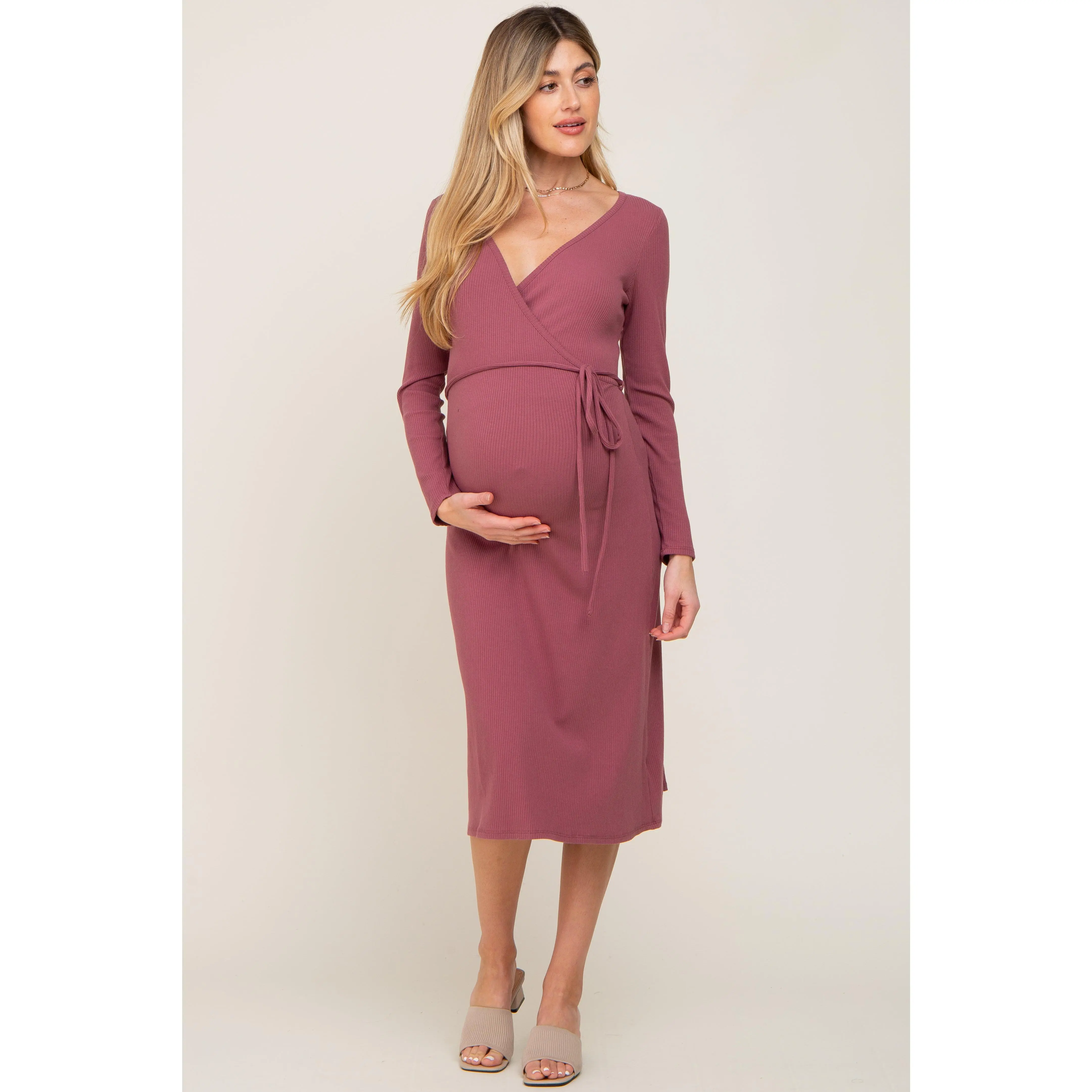 Mauve Rib Knit Long Sleeve Maternity Wrap Midi Dress - TikTok Shop Mauve Rib Knit Long Sleeve Maternity Wrap Midi Dress - TikTok Shop