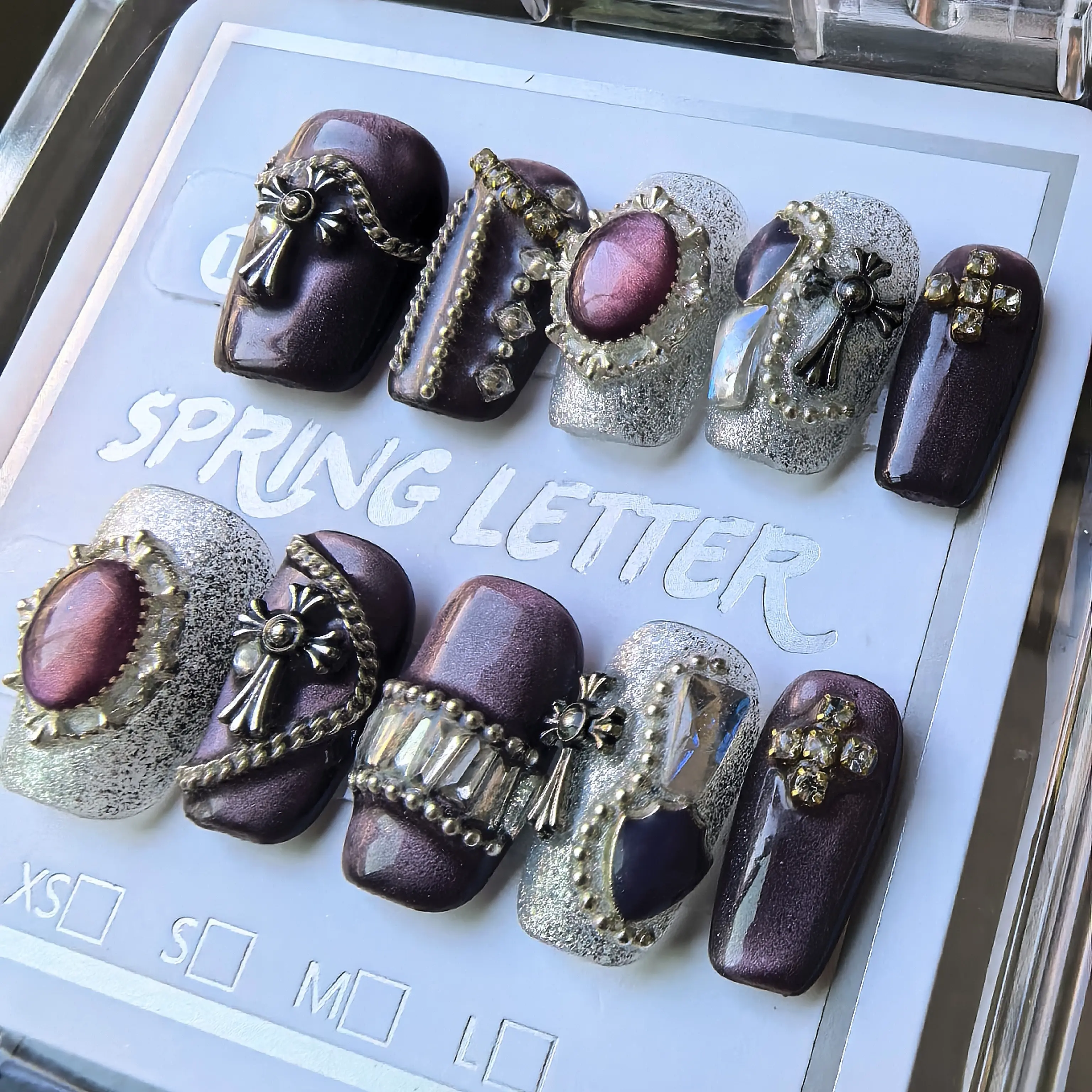 CRIMSON CROSS-Short Coffin Gothic Cross Press On Nails Handmade Burgundy Cat Eye 3D 10pcs Free Kit SPRINGLETTER NAILS