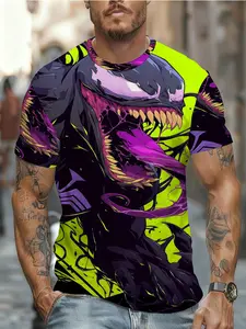 2026 New 3D Stereoscopic Men's Graphic Print Short Sleeve T-Shirt Venom Print Short Sleeve Soft Breathable Art of The Villain Design Casual Wear for Daily Outfits Soft Breathable Tee, Trendy Casual