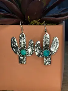 Stamped Cactus with Turquoise Stone Earrings