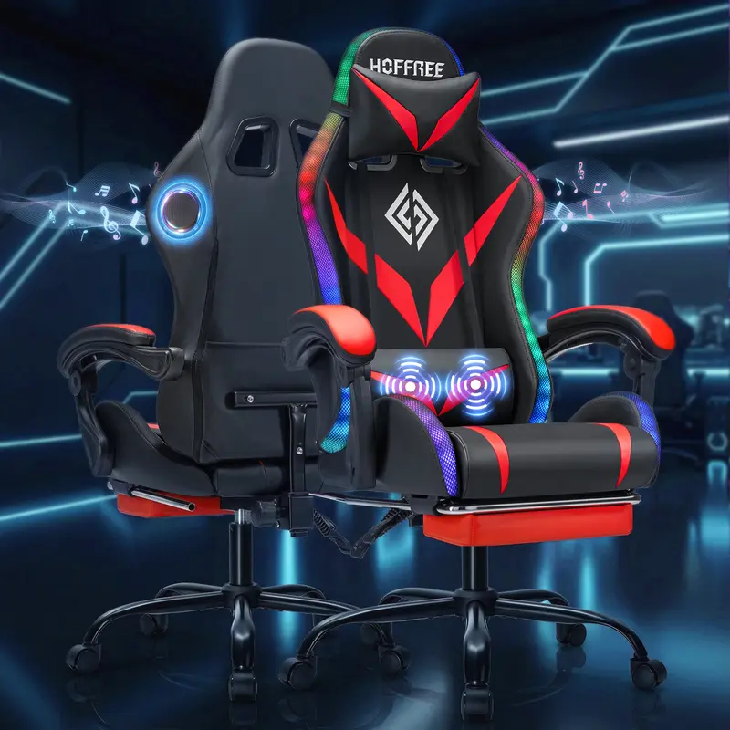 HOFFREE RGB Ergonomic Gaming Chair - Elongated, Modern & Chic, 360° Swivel, Back & Seat LEDs, Dual Bluetooth Speakers, Massage Function, Footrest, Reclining, Remote Control for Adults (Red and Black)