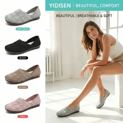 Women's Round-Toe Slip-On Shoes - Breathable Elastic Mesh Upper, Pull-On Design, Foldable Lightweight PVC Leather Casual Shoes with Soft Cushion Sole for Daily Walking