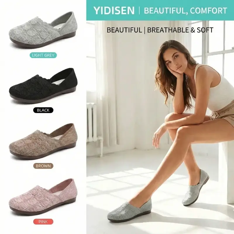 Women's Round-Toe Slip-On Shoes - Breathable Elastic Mesh Upper, Pull-On Design, Foldable Lightweight PVC Leather Casual Shoes with Soft Cushion Sole for Daily Walking