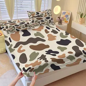 Low Saturation Morandi Camouflage Fitted Sheet Set, 1 Bed Cover & 2 Coreless Pillowcases, Soft Tone Camouflage Pattern, Anti-Slip Wrinkle Resistant Deep Pocket Design, Lazy Laid-Back Retro Vibe Bedroom Decor