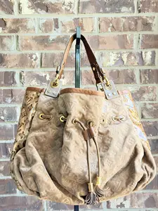 Pre-owned Louis Vuitton Suede/Patent Shoulder Bags Irene Handbag Monogram Embossed Suede and Patent Tan 23485