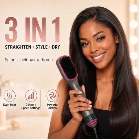 Women's Plastic Body 3-in-1 Straightener Brush with Blow Dryer - 3 Heat & Speed Settings, Fast Drying, Smoothes Hair to Silky Straight, Wet & Dry Use, Single Unit Heated Styling Tool for Straight, Wavy & Curly Hair