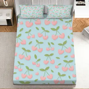 3Pcs Pink Cherry Heart Pattern Fitted Sheet Three Piece Set (1*Fitted Sheet+2*Pillowcases, Coreless), Valentine's theme, Fruit Pattern Bedding Set, Mattress protector Soft, Breathable