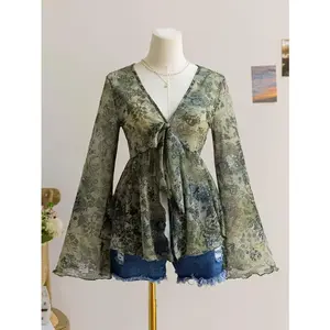 Women's Retro V-Neck Lace-Up Bowknot Flared Sleeve Asymmetrical Hem Top, Fall Women Clothes, Halloween Customs Women, Christmas Women Clothes