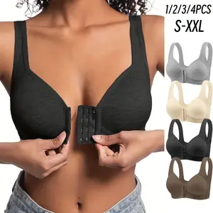 1/2/3/4PCS Women's Hook & Eye Front Push Up Bra Soft Comfortable Elegant Breathable Wireless Lingerie Top for Daily Wear Vneck Basic Minimalist Everyday Style Womenswear