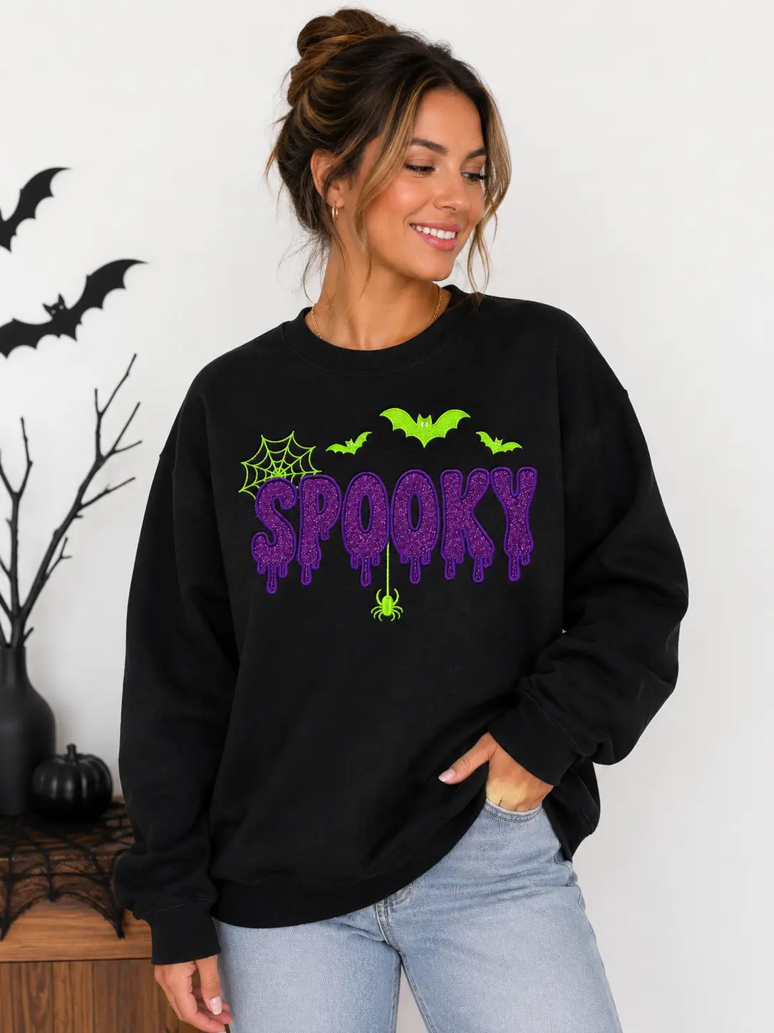 Spooky Bats Drip Glitter Embroidered Sweatshirt