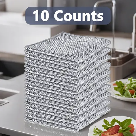 10 Counts Multipurpose Wire Dishwashing Rag, Double Layer Multipurpose Fiber Cleaning Cloth,  Wire Miracle Cleaning Cloths Metallic Dish Cloths for for Wet and Dry Washing