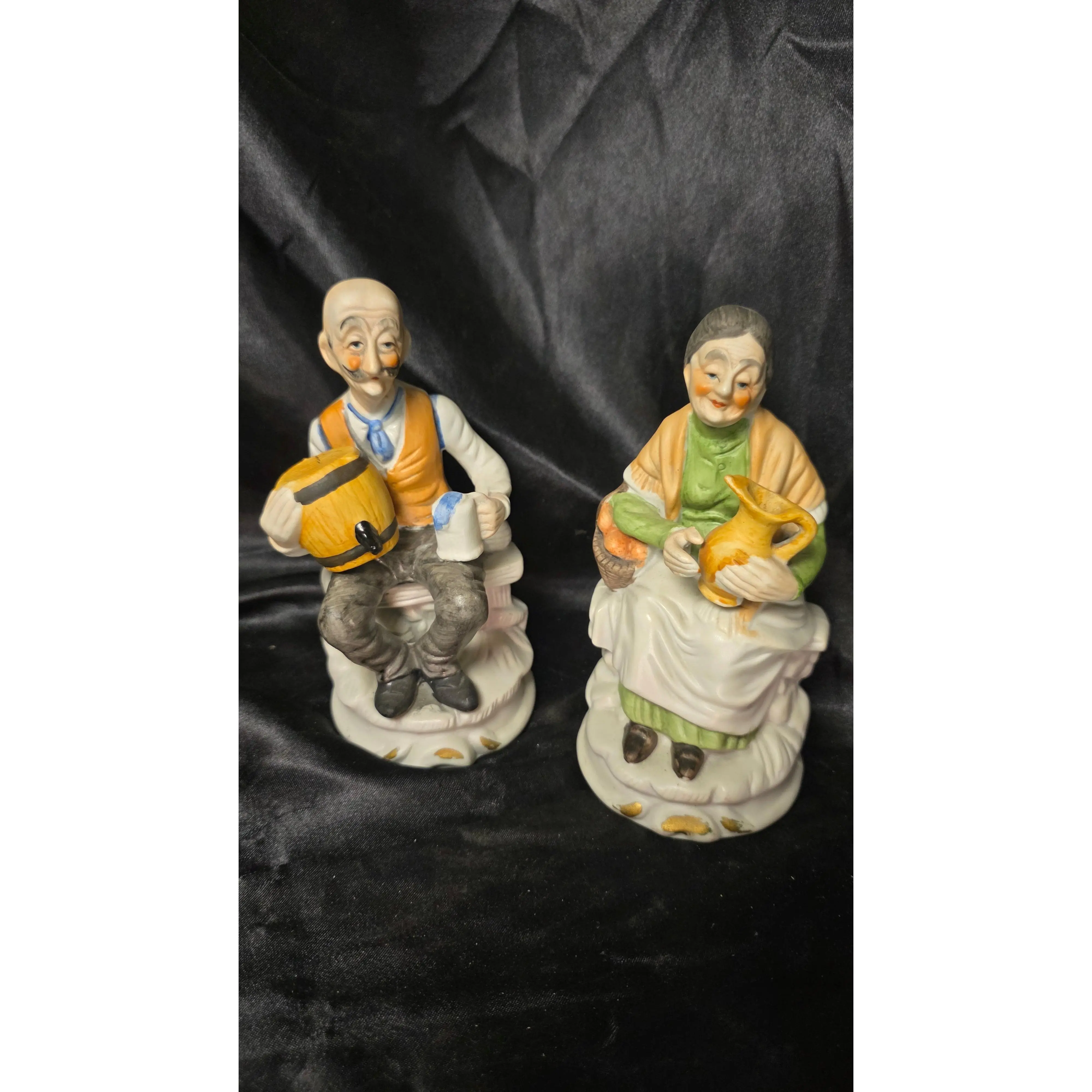 Vintage Hand-Painted Bisque Porcelain Elderly Couple Figurine Set – Peasant Man & Woman
