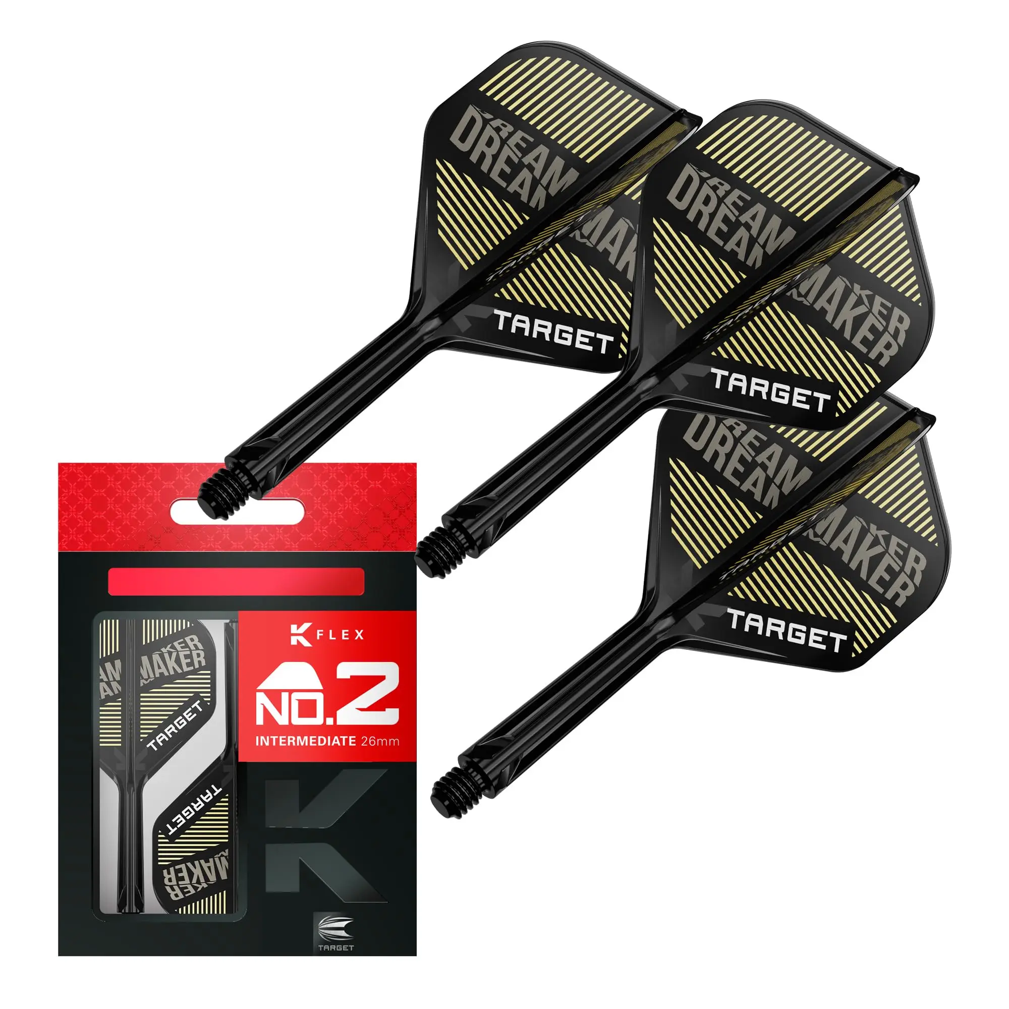 Target Darts Dimitri Van den Bergh K Flex Flights & Shaft System No.2 | Pack of 3 K-Flex All-in-One Flights, Player Edition Dart Accessories, Short 19mm, Intermediate 26mm, Medium 33mm