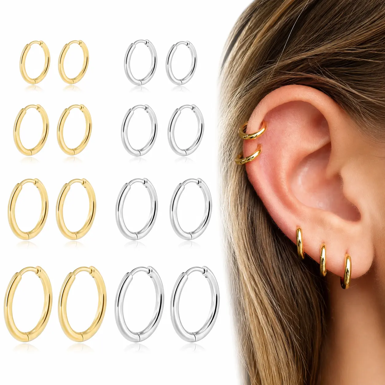 8 Pcs Huggie Hoop Earrings 8mm/10mm/12mm/14mm Hypoallergenic for Women Lightweight Perfect Gift | 14K Gold Plated Huggie Small Hoop Earrings Set for Women Men, Hypoallergenic Hoop Earrings for Cartilage, Lightweight Stackable Earrings for Sensitive Ears