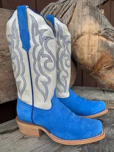 R. Watson Women's Neon Blue Boar Roughout & Pearl Top Narrow Square Toe Western Cowgirl Boots RWL8613-1