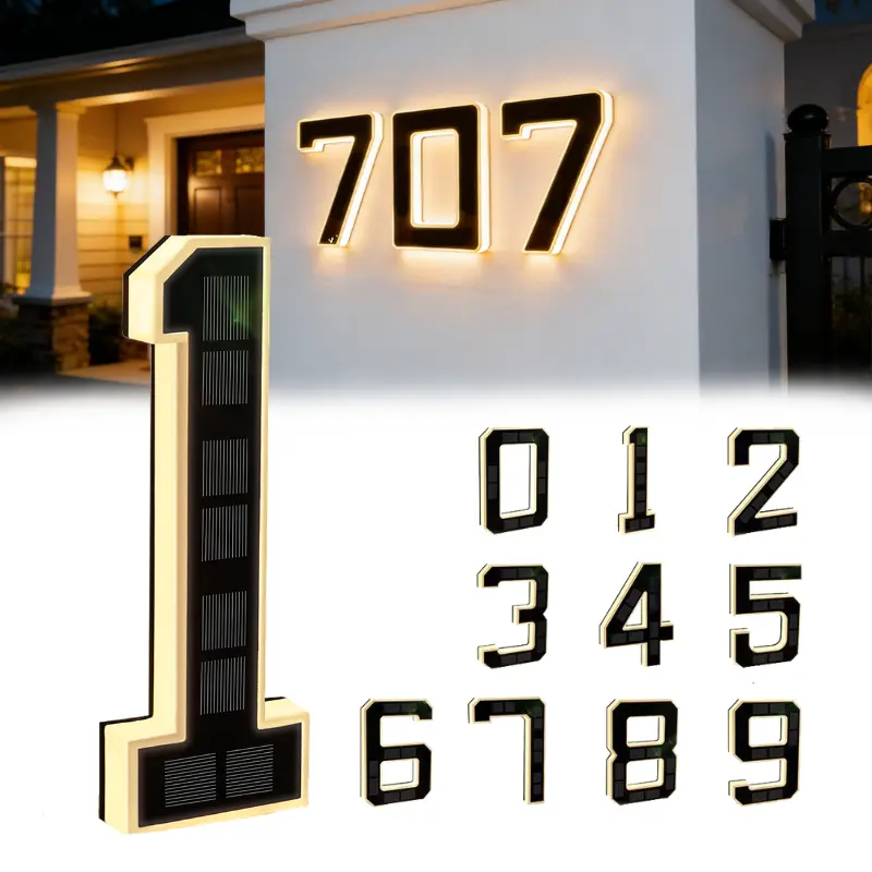 9 Inch Solar Powered LED Address Numbers Sign, Waterproof Outdoor House Numbers Light, Modern Illuminated Address Plaque for Home, Fence, Porch, Yard Visibility at Night