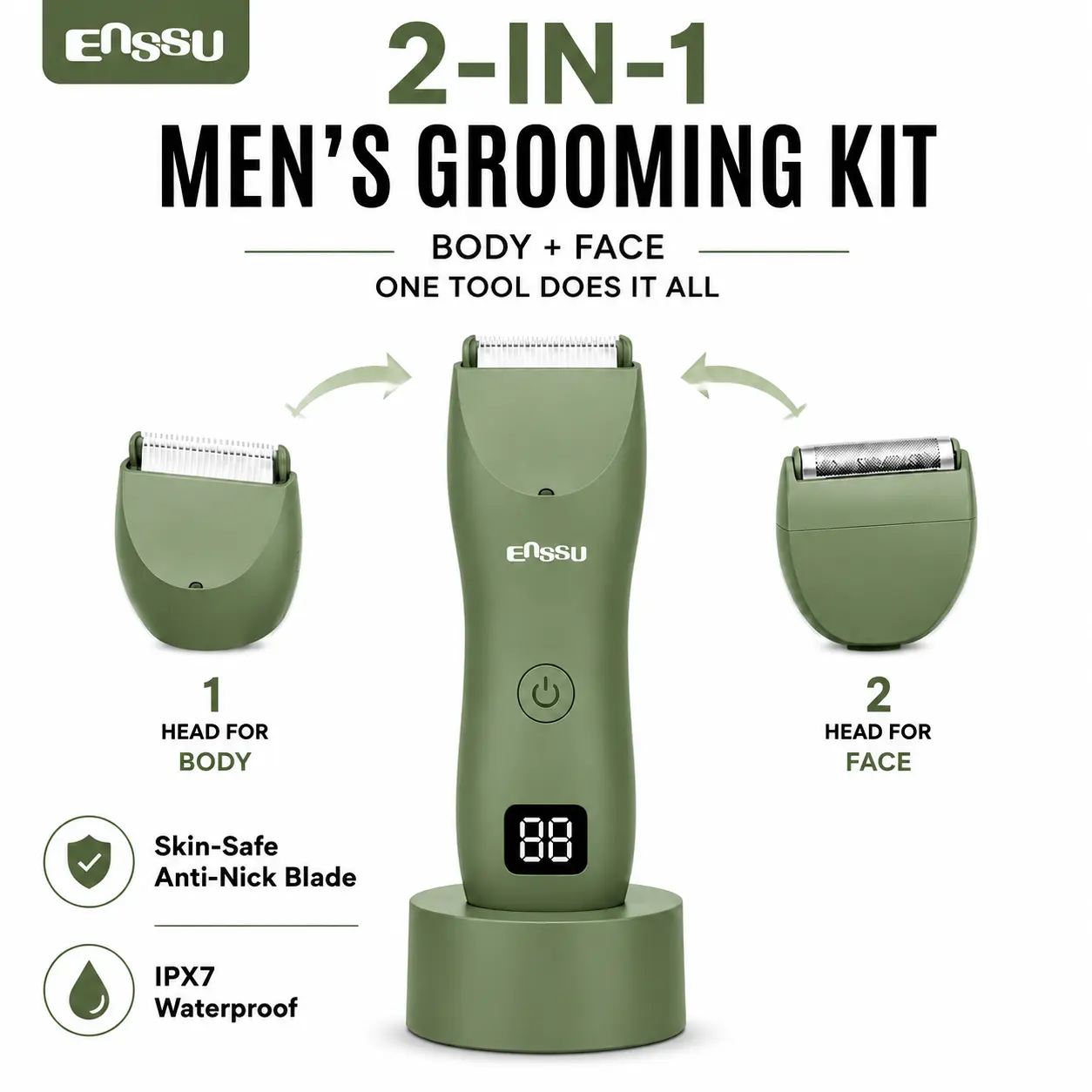 ENSSU 2-in-1 Body Hair Trimmer + Beard Shaver for Men, Dual Blade Heads with Ceramic Trimmer & Foil Shaver, IPX7 Waterproof, LED Light, USB Charging Smooth Smooth