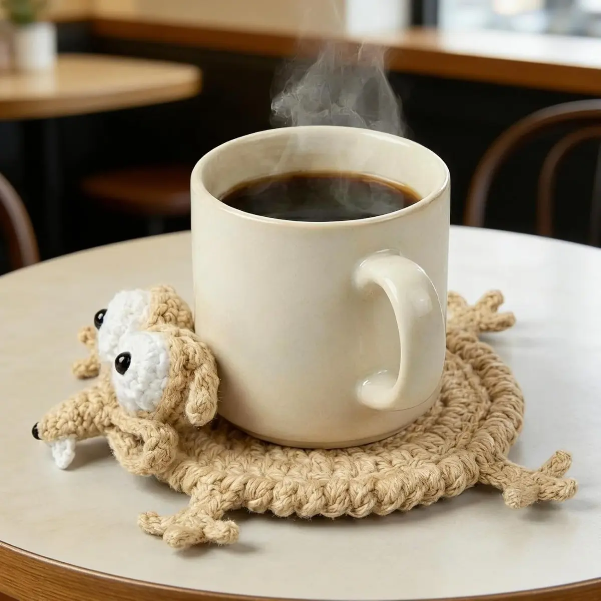 Handmade Crochet Animal Coasters Set of 2 - Thick Absorbent Woven Cup Mats with Stuffed Animal Designs (Cat, Rabbit, Bear) - Ideal for Home Kitchen and Office Desktop Display - Unique Soft Knit Mug Mat Housewarming Gift