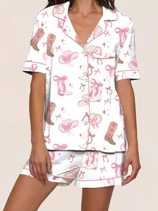 Denim Boots Set, Spring Summer Sleepwear, Open Front Cardigan, Short Sleeve Shorts, Casual Home Wear, Butterfly Knot & Star Prints, Pajama, Homewear, Loungewear, Womenswear, Soft Pjs