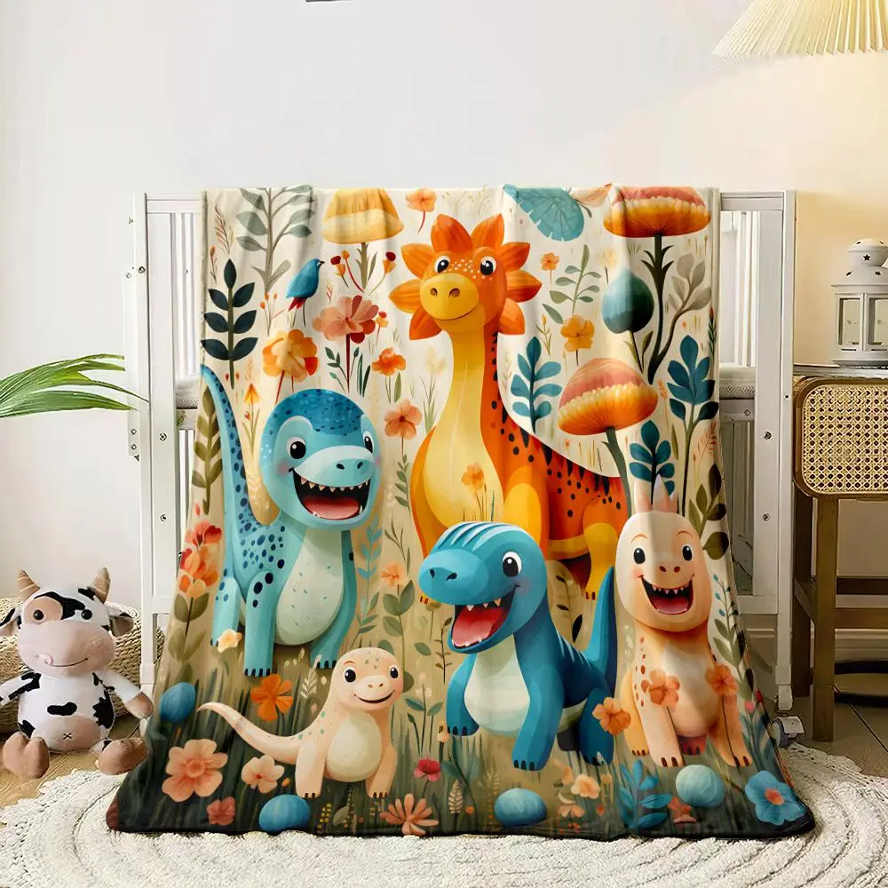 Modern Style Cartoon Dinosaur & Mushroom Print Blanket, 1 Count Soft Warm Fuzzy Quilt, Comfortable Breathable Napping Throw for Sofa Office Couch