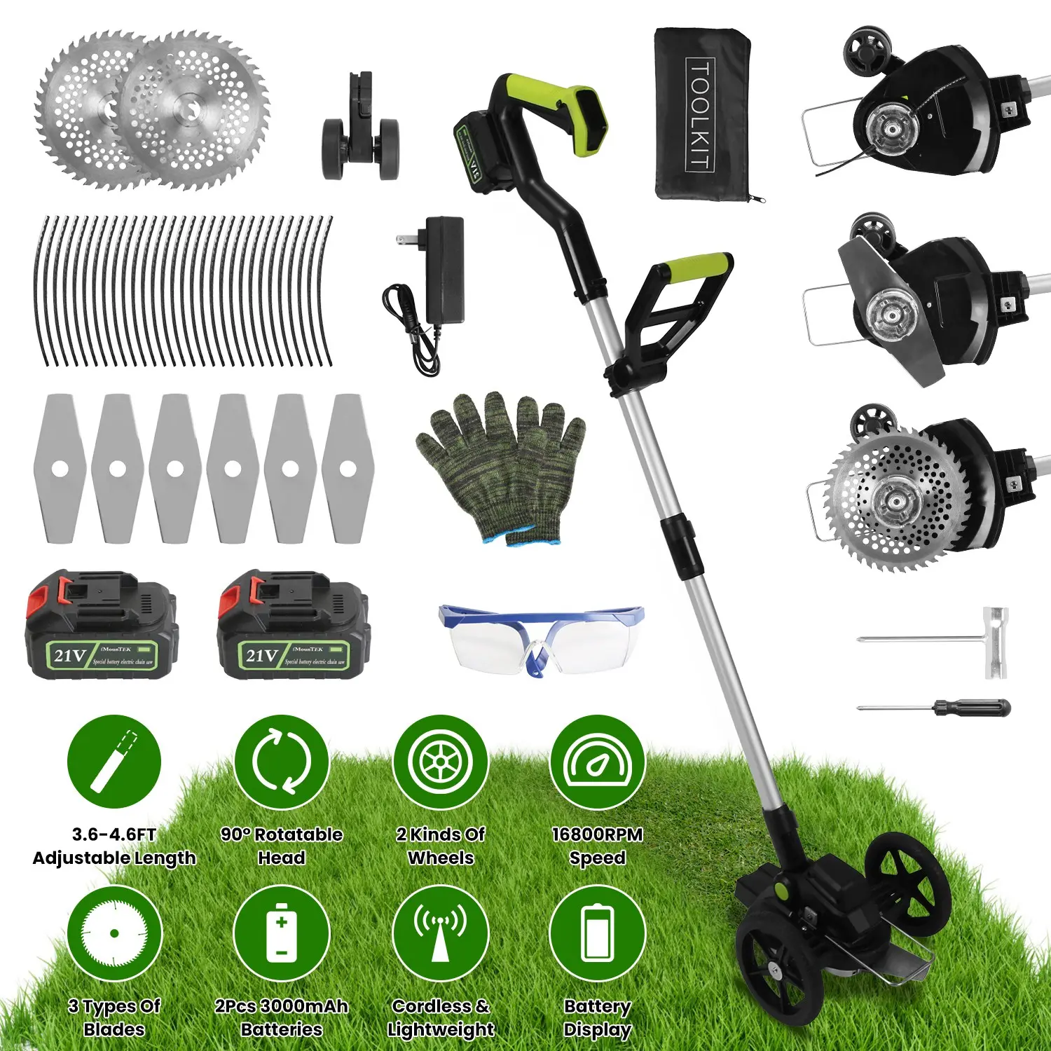 Cordless Electric Weed Edger & Brushless Grass Trimmer Complete Kit - 21V Aluminum Alloy, 16800RPM Motor, 2x 3000mAh Batteries, 3.6-4.6FT Adjustable Pole, 90° Rotatable Head, Multi-Blade Set (Steel & String), Outdoor Lawn Bush Cutter