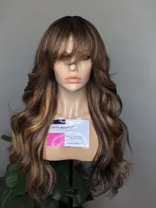 TOTALSHEEPW Denise Full Bangs Wig for Wig Beginners 18" Length 150% Density Fiber Blend Hair Brown Ombre Style