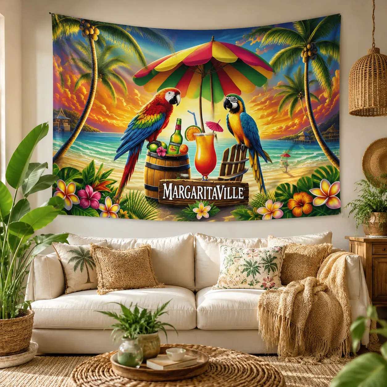 Tropical Paradise Wall Tapestry, Colorful Beach Sunset Hanging Decor with Parrots & Palm Trees, Boho Coastal Wall Art for Bedroom Living Room Patio
