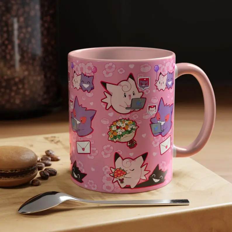 Japanese Poke Valentine's Day Mug, Gengar and Clefable, Anime Gift for Boyfriend and Girlfriend Mug, Poke Father's Day Gift For Him, Pokedad Mug