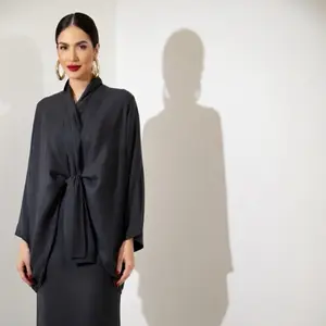 Laila Set in Black - Women's Long Sleeve Top & Maxi Wrap Skirt, Comfortable Basic Suits, Ideal for Casual Wear, Lightweight Stretchy Fabric, High-Low Cut Kimono, Adjustable Tie Closure