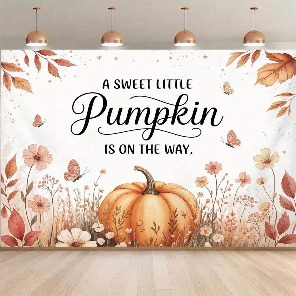 1pc 2D Flat Background Banner "a Sweet Little Pumpkin Is on the Way" Themed Pattern Fabric for Photo Party Supplies, Event Decorations, Studio Props Backdrop, Suitable for Outdoor Indoor Living Room Home Decoratio