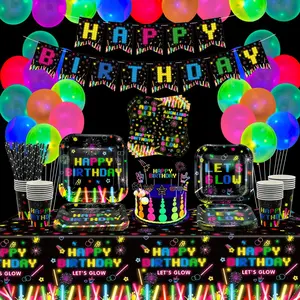 224 PCS Glow Neon Supplies Neon Tableware Set Neon Balloons Glow in the Dark Birthday Banner Cake Toppers for Blacklight Decoration Serves 20 (Glow Set B)
