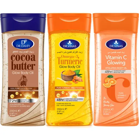 3 PCS DR.DAVEY Turmeric Omega-3 Glow Body Oil + Cocoa Butter Body Oil + Vitamin C Body Oil Set, Skin Care Nourishing Oil, Body Oil Moisture, Moisturizing & Hydrating Moisturizer, Suitable for All Seasons, for Body, Face, Hand, Lip, Eye, Travel