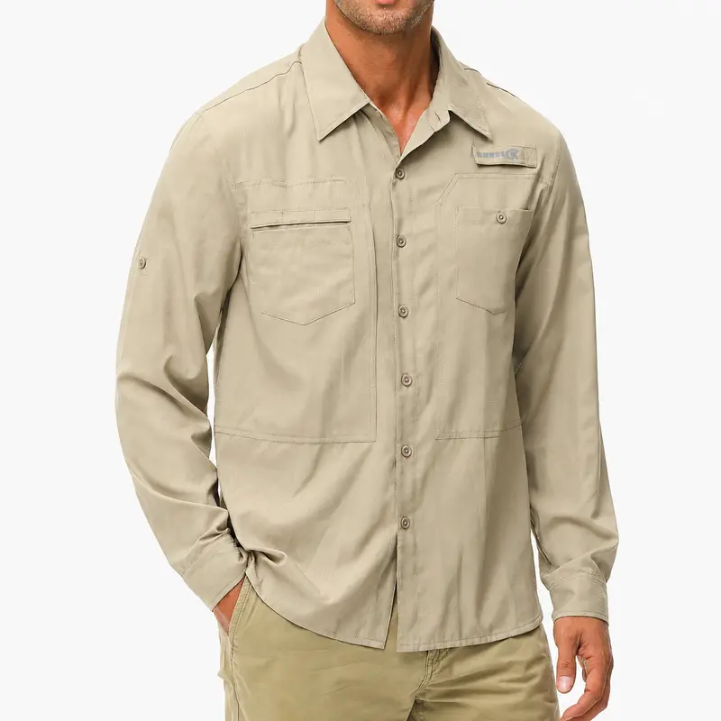YUYANGDPB Men's Fitted Longline Longsleeve Shirt - UPF 50+ Sun Protection, Lightweight Breathable Quick-Dry Polyester, Button-Down, Zipper Pocket, Rod Holder, Roll-Up Sleeves, Retro T-Back, UPF Men's Casual Shirt for Outdoor Fishing, Gardening